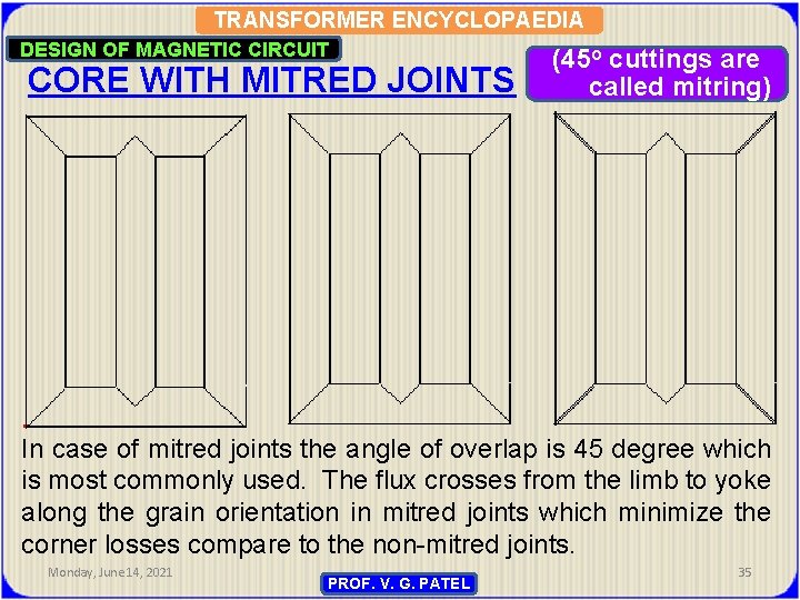 TRANSFORMER ENCYCLOPAEDIA DESIGN OF MAGNETIC CIRCUIT CORE WITH MITRED JOINTS (45 o cuttings are