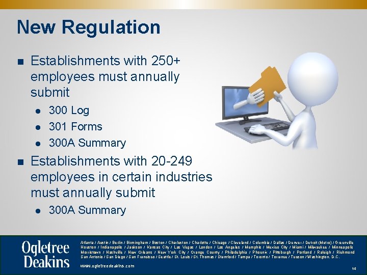 New Regulation n Establishments with 250+ employees must annually submit l l l n