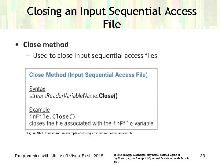 Closing an Input Sequential Access File • Close method – Used to close input Closing an Input Sequential Access File • Close method – Used to close input