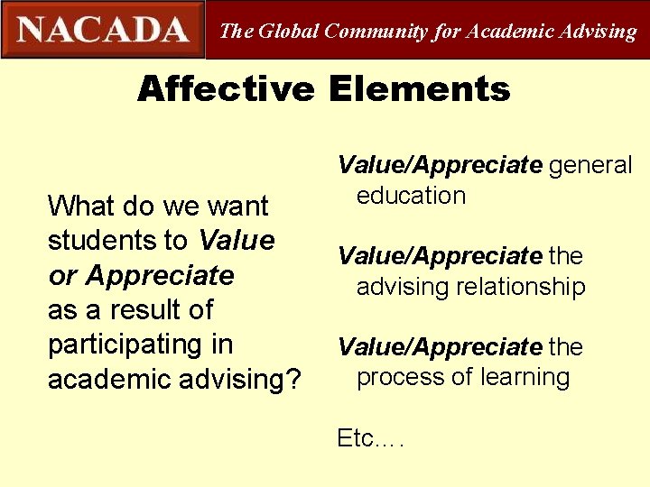 The Global Community for Academic Advising Affective Elements What do we want students to