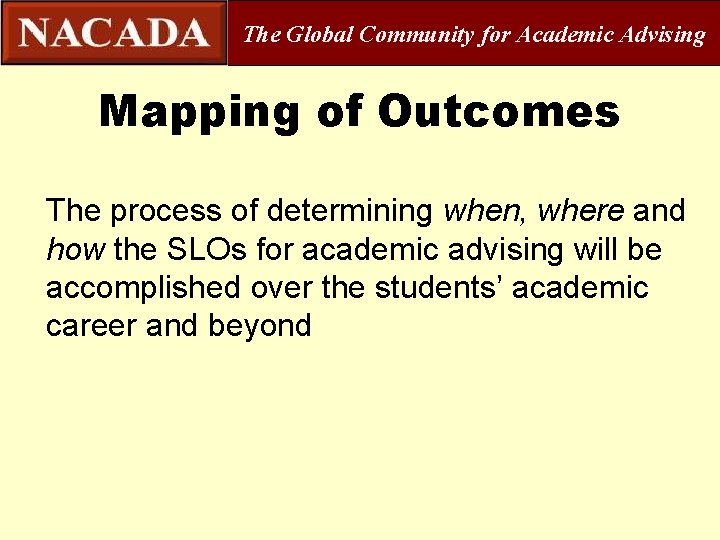 The Global Community for Academic Advising Mapping of Outcomes The process of determining when,