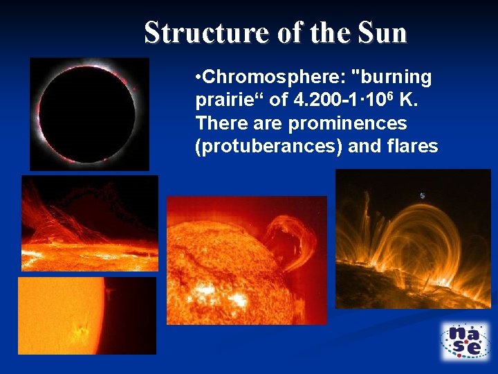 Structure of the Sun • Chromosphere: "burning prairie“ of 4. 200 -1· 106 K.