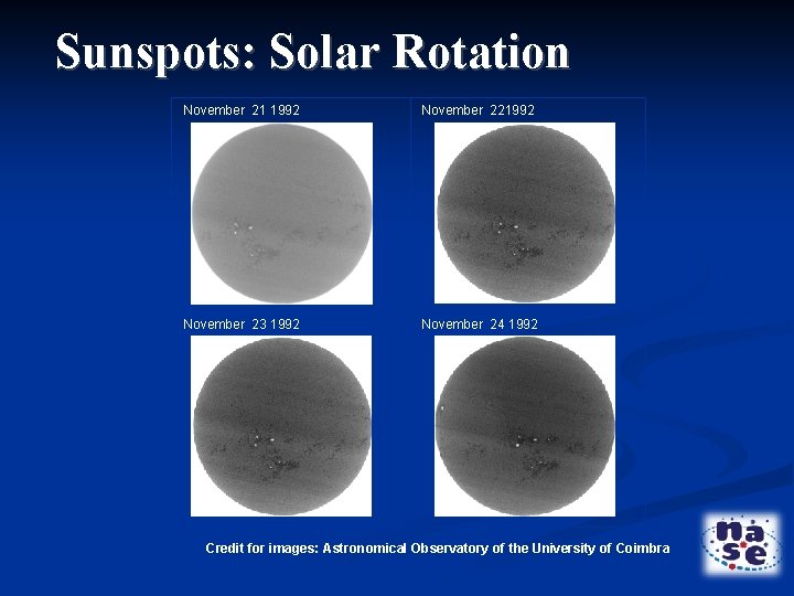 Sunspots: Solar Rotation November 21 1992 November 221992 November 23 1992 November 24 1992