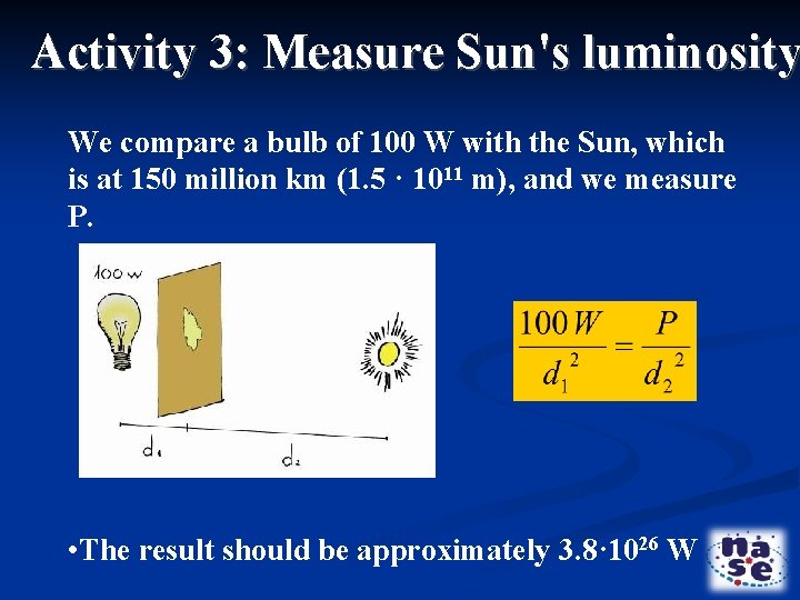 Activity 3: Measure Sun's luminosity We compare a bulb of 100 W with the