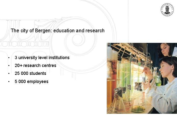 The city of Bergen: education and research • 3 university level institutions • 20+