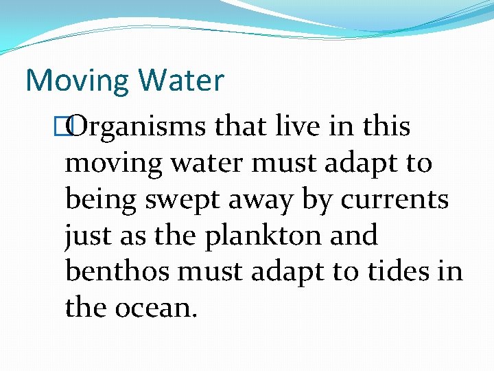 Moving Water �Organisms that live in this moving water must adapt to being swept