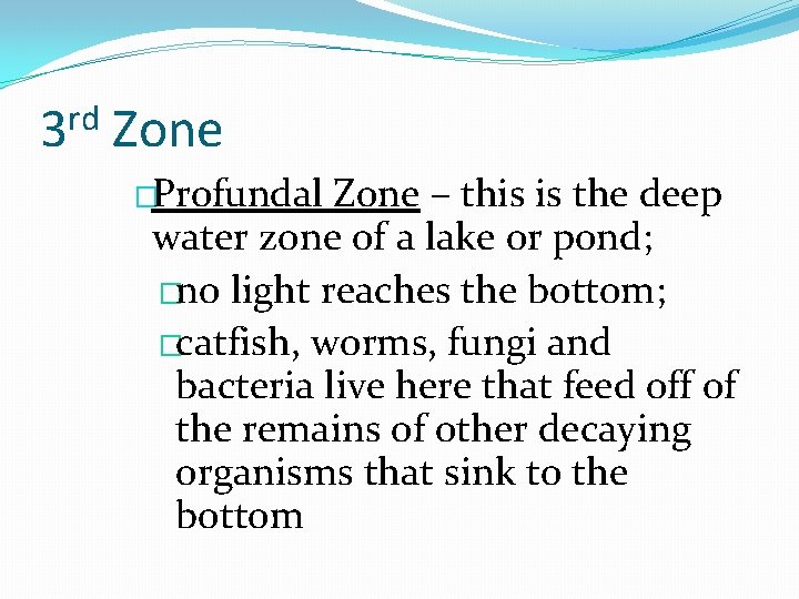 rd 3 Zone �Profundal Zone – this is the deep water zone of a