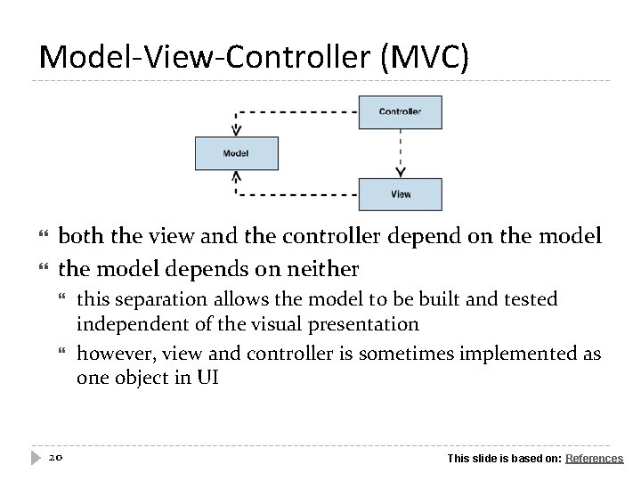 Model-View-Controller (MVC) both the view and the controller depend on the model depends on