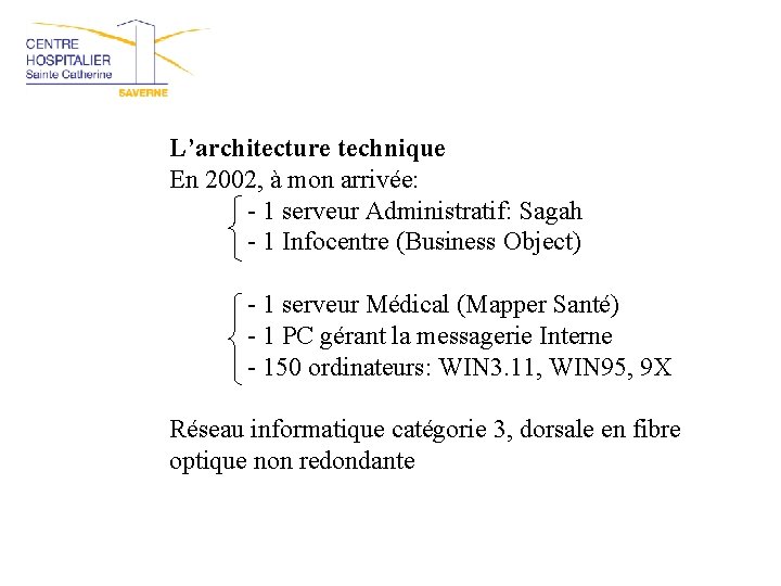 L’architecture technique En 2002, à mon arrivée: - 1 serveur Administratif: Sagah - 1