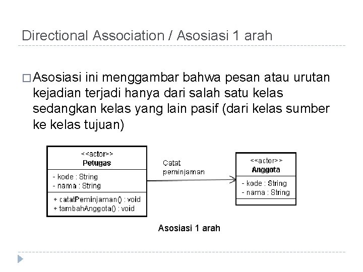 Directional Association / Asosiasi 1 arah � Asosiasi ini menggambar bahwa pesan atau urutan Directional Association / Asosiasi 1 arah � Asosiasi ini menggambar bahwa pesan atau urutan