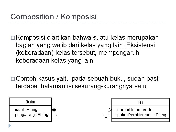 Composition / Komposisi � Komposisi diartikan bahwa suatu kelas merupakan bagian yang wajib dari Composition / Komposisi � Komposisi diartikan bahwa suatu kelas merupakan bagian yang wajib dari