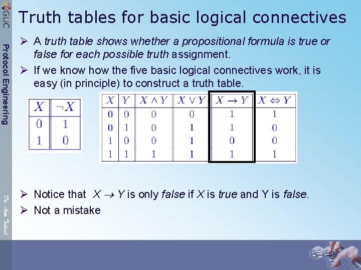 Truth tables for basic logical connectives Protocol Engineering Ø A truth table shows whether