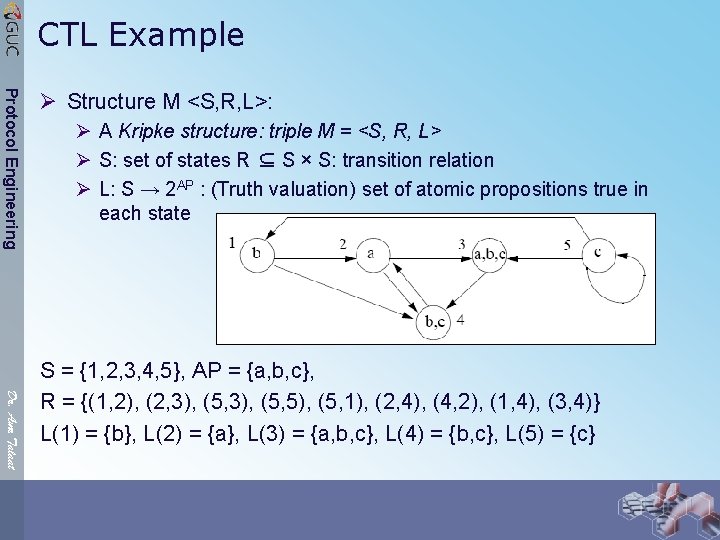 CTL Example Protocol Engineering Ø Structure M <S, R, L>: Ø A Kripke structure: