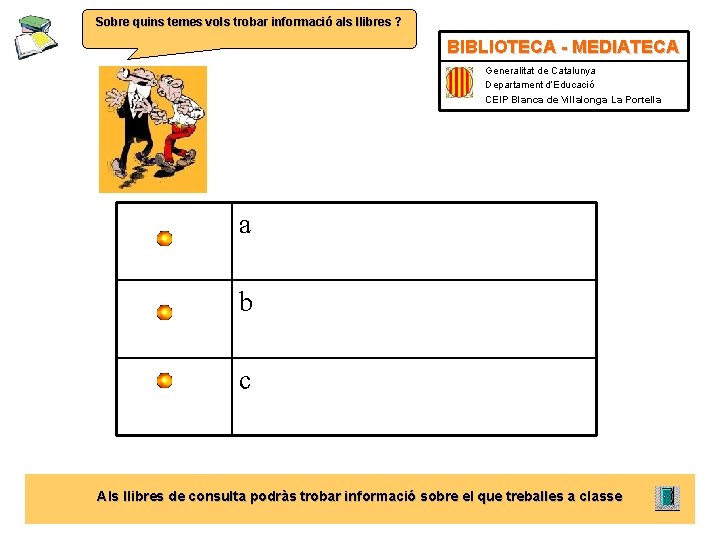 Sobre quins temes vols trobar informació als llibres ? BIBLIOTECA - MEDIATECA Generalitat de