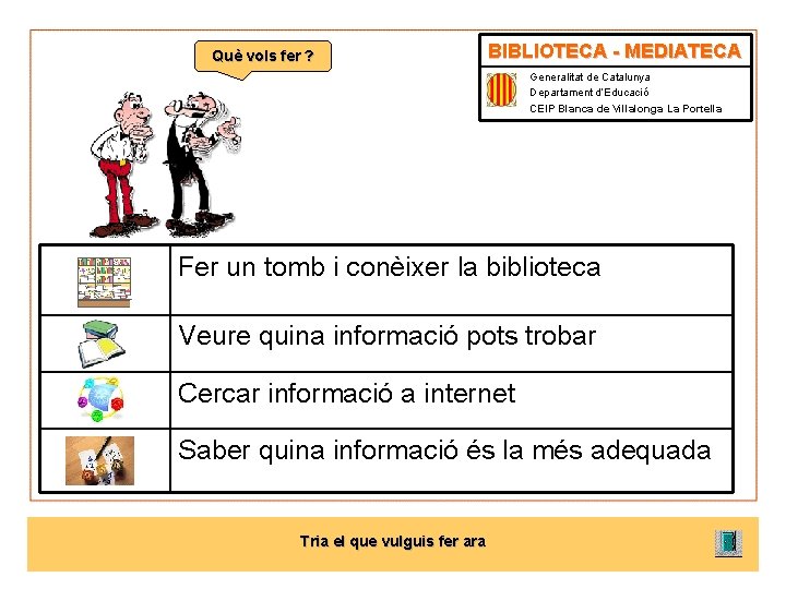 Què vols fer ? BIBLIOTECA - MEDIATECA Generalitat de Catalunya Departament d’Educació CEIP Blanca