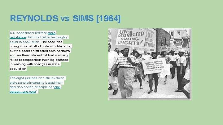 REYNOLDS vs SIMS [1964] S. C. case that ruled that state legislature districts had