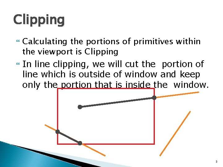 Clipping Calculating the portions of primitives within the viewport is Clipping In line clipping,