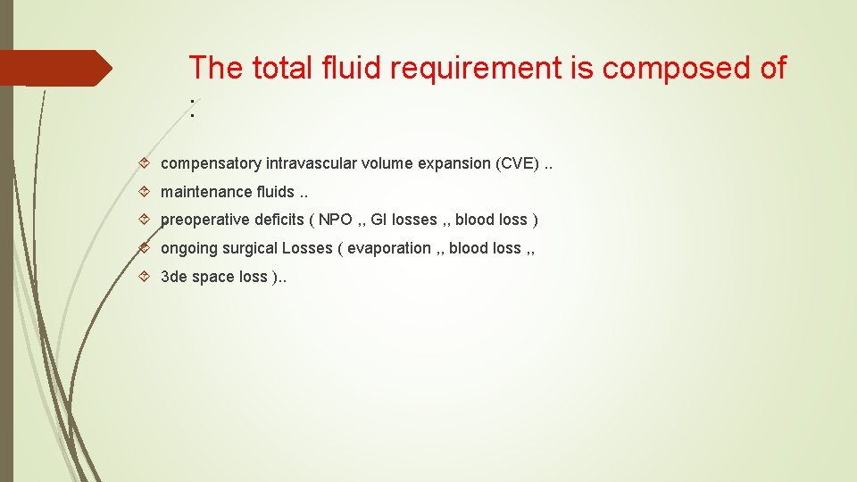 The total fluid requirement is composed of : compensatory intravascular volume expansion (CVE). .