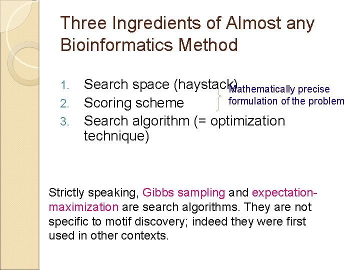 Three Ingredients of Almost any Bioinformatics Method 1. 2. 3. Search space (haystack) Mathematically