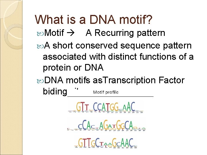 What is a DNA motif? Motif A Recurring pattern A short conserved sequence pattern