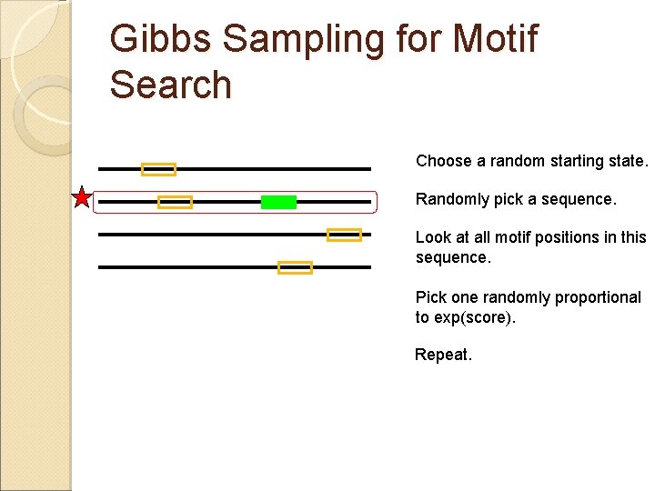 Gibbs Sampling for Motif Search Choose a random starting state. Randomly pick a sequence.