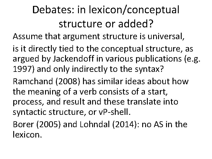 Debates: in lexicon/conceptual structure or added? Assume that argument structure is universal, is it