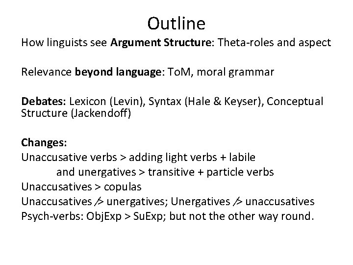 Outline How linguists see Argument Structure: Theta-roles and aspect Relevance beyond language: To. M,