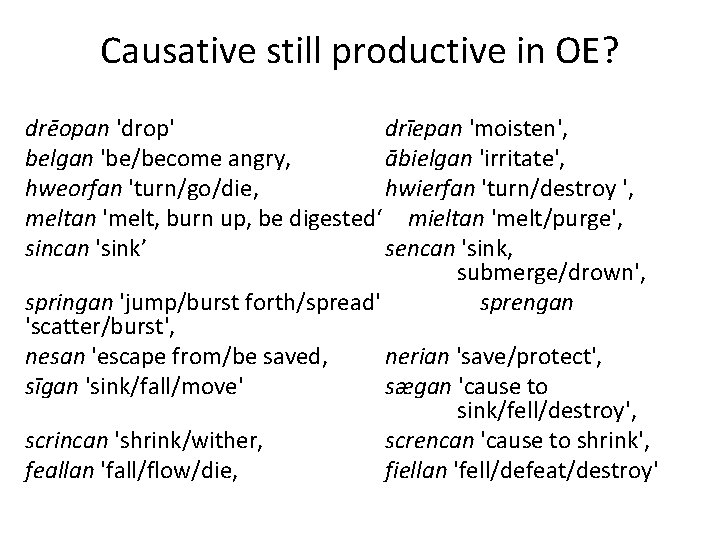 Causative still productive in OE? drēopan 'drop' drīepan 'moisten', belgan 'be/become angry‚ ābielgan 'irritate',