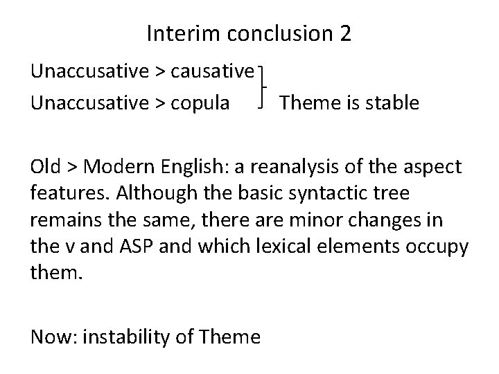 Interim conclusion 2 Unaccusative > causative Unaccusative > copula Theme is stable Old >
