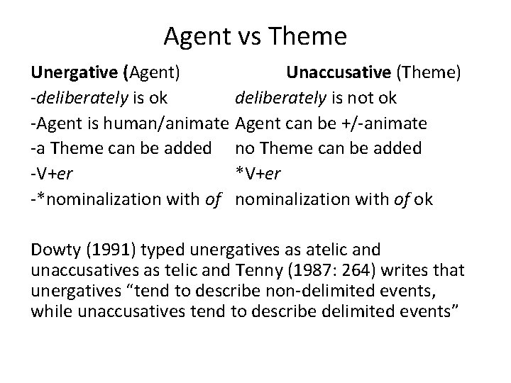 Agent vs Theme Unergative (Agent) -deliberately is ok -Agent is human/animate -a Theme can