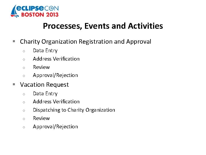 Processes, Events and Activities § Charity Organization Registration and Approval o o Data Entry