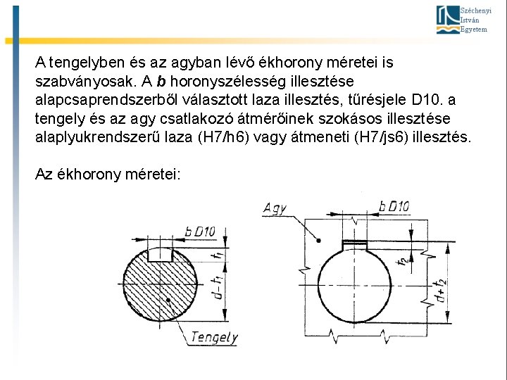 A tengelyben és az agyban lévő ékhorony méretei is szabványosak. A b horonyszélesség illesztése