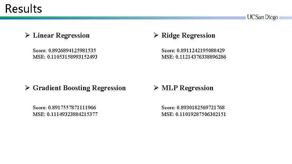 Results Ø Linear Regression Score: 0. 8926894125981535 MSE: 0. 11053158993152493 Ø Gradient Boosting Regression