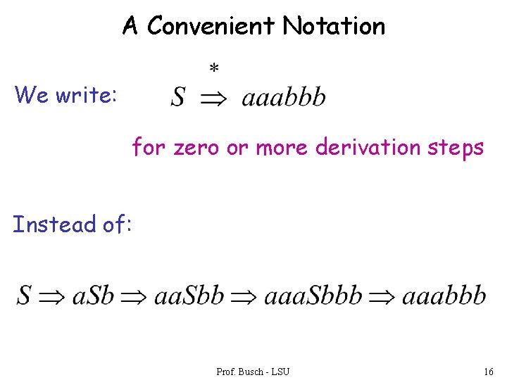 A Convenient Notation We write: for zero or more derivation steps Instead of: Prof.