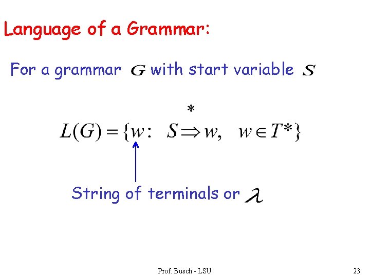 Language of a Grammar: For a grammar with start variable String of terminals or
