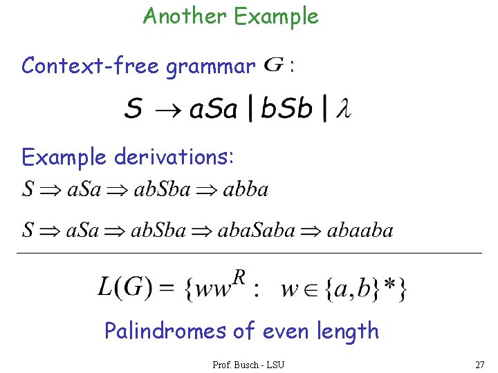 Another Example Context-free grammar : Example derivations: Palindromes of even length Prof. Busch -