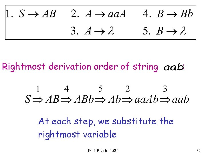 Rightmost derivation order of string : At each step, we substitute the rightmost variable