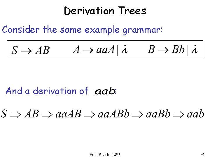 Derivation Trees Consider the same example grammar: And a derivation of : Prof. Busch