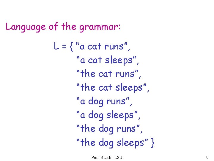 Language of the grammar: L = { “a cat runs”, “a cat sleeps”, “the