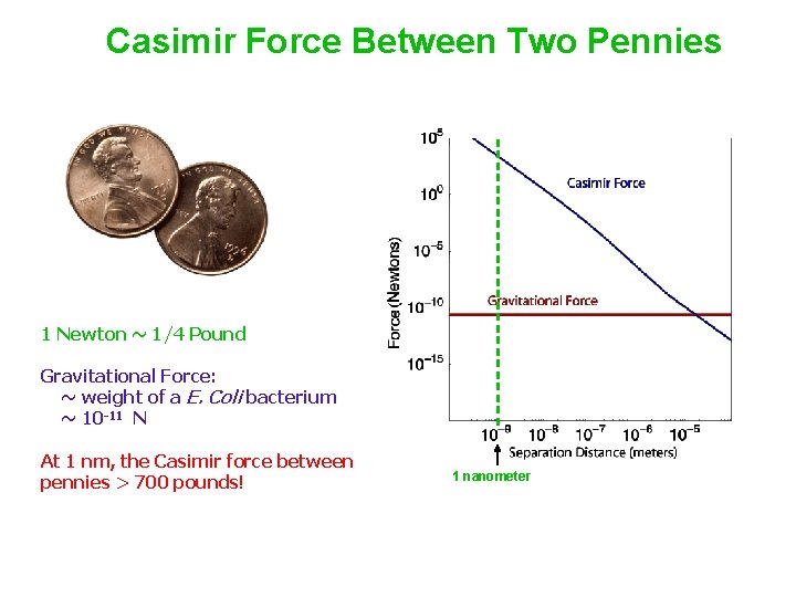 Casimir Force Between Two Pennies 1 Newton ~ 1/4 Pound Gravitational Force: ~ weight