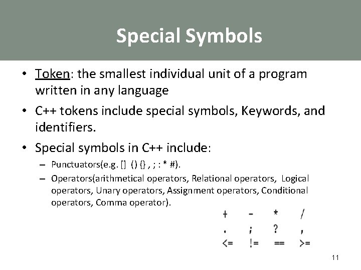 Special Symbols • Token: the smallest individual unit of a program written in any