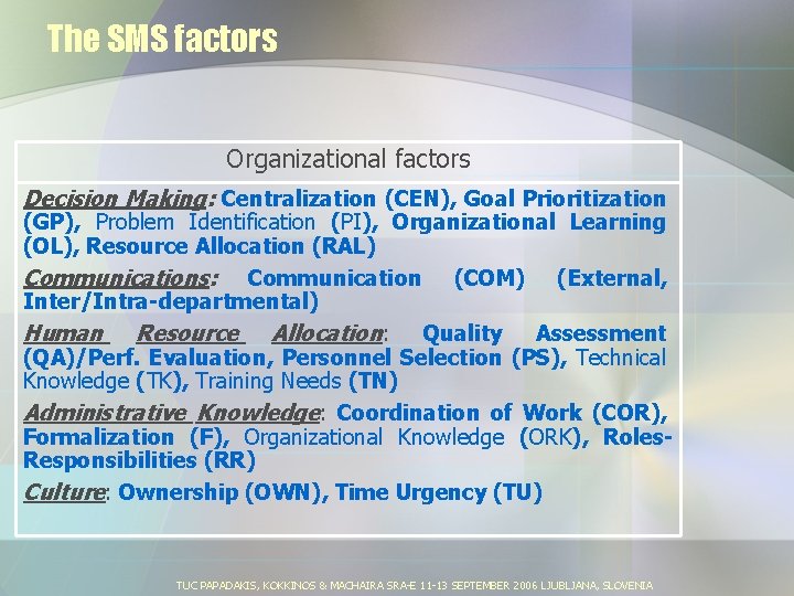 The SMS factors Organizational factors Decision Making: Centralization (CEN), Goal Prioritization (GP), Problem Identification