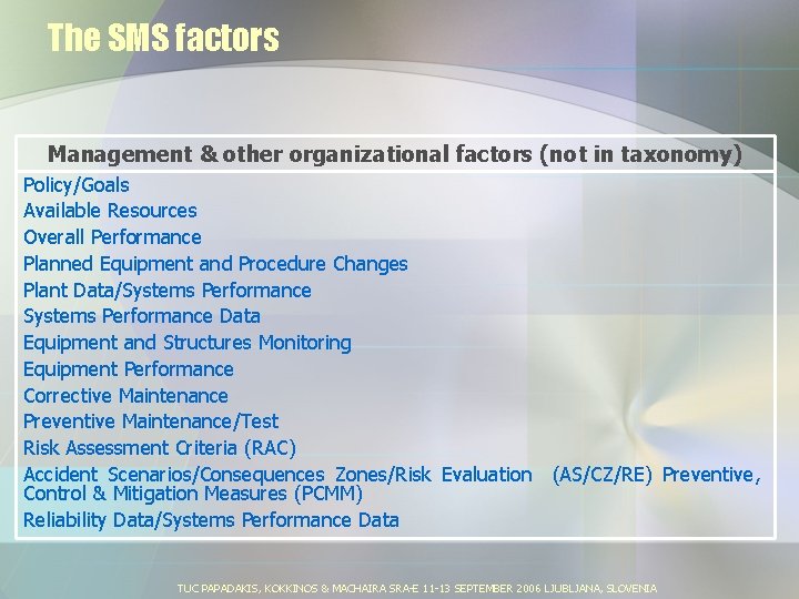The SMS factors Management & other organizational factors (not in taxonomy) Policy/Goals Available Resources