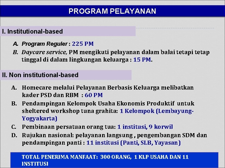 PROGRAM PELAYANAN I. Institutional-based A. Program Reguler : 225 PM B. Daycare service, PM