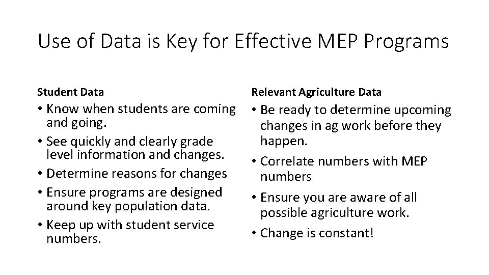 Use of Data is Key for Effective MEP Programs Student Data Relevant Agriculture Data Use of Data is Key for Effective MEP Programs Student Data Relevant Agriculture Data