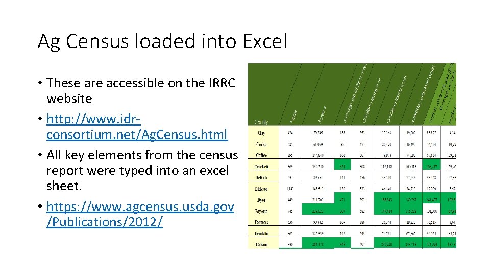 Ag Census loaded into Excel • These are accessible on the IRRC website • Ag Census loaded into Excel • These are accessible on the IRRC website •