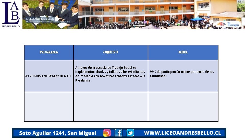 PROGRAMA UNIVERSIDAD AUTÓNOMA DE CHILE OBJETIVO A través de la escuela de Trabajo Social
