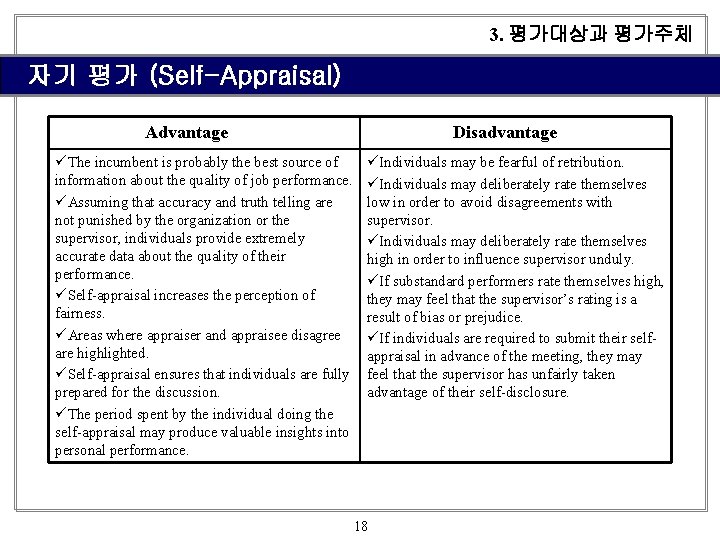 3. 평가대상과 평가주체 자기 평가 (Self-Appraisal) Advantage üThe incumbent is probably the best source