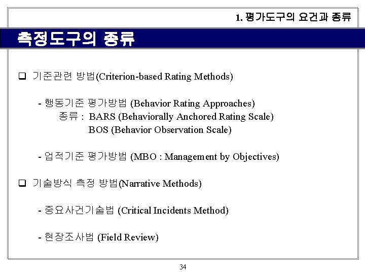 1. 평가도구의 요건과 종류 측정도구의 종류 q 기준관련 방법(Criterion-based Rating Methods) - 행동기준 평가방법