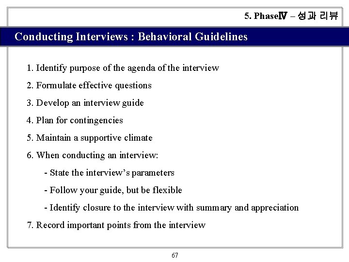 5. PhaseⅣ – 성과 리뷰 Conducting Interviews : Behavioral Guidelines 1. Identify purpose of